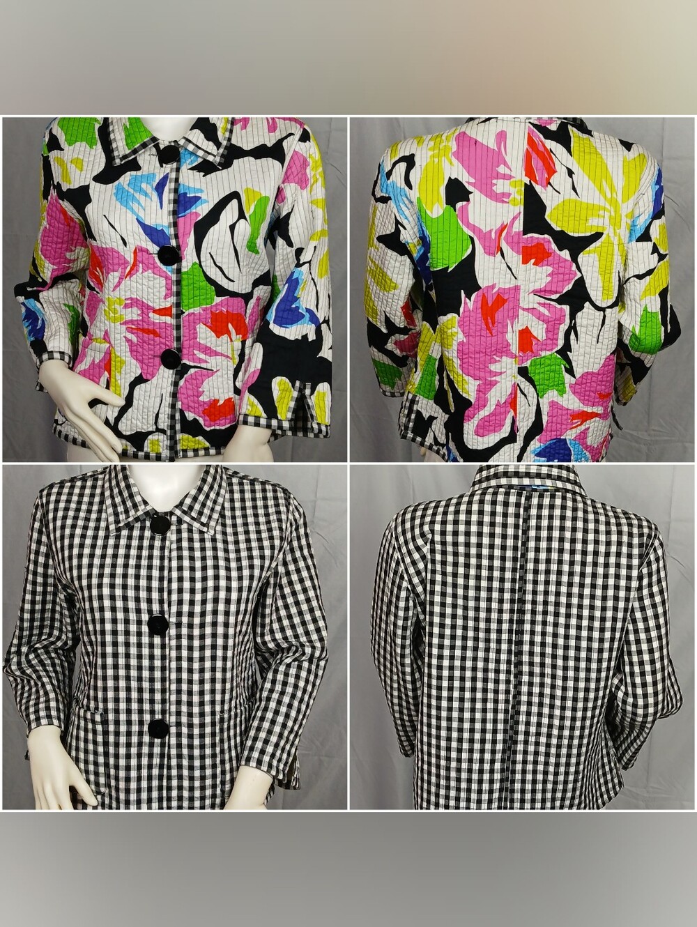 Unbranded Vibrant Floral Quilted Reversible Jacket Gingham Accent Medium